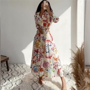 Zara Floral Midi Shirt Dress Long Sleeve Size S Tie Belt Watercolor Flowers